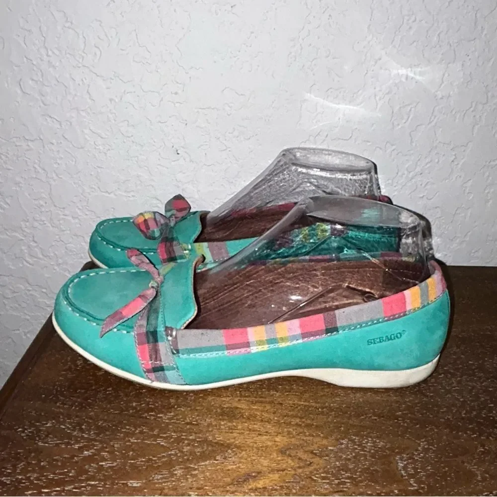 Sebago Felucca Dockside Bow Plaid Print Leather Slip On Loafer Boat Shoes
